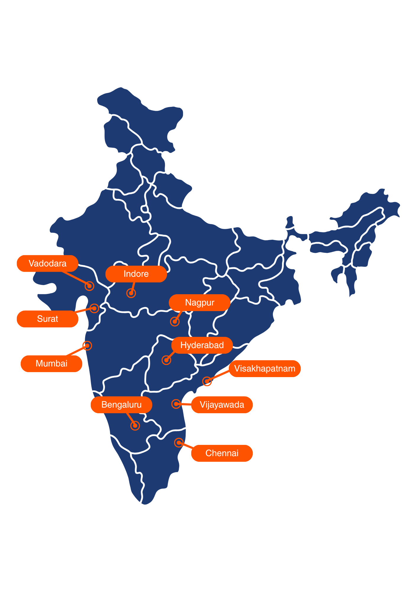 Map of India showing Firetech project locations in Vadodara, Surat, Mumbai, Indore, Nagpur, Hyderabad, Visakhapatnam, Vijayawada, Bengaluru and Chennai