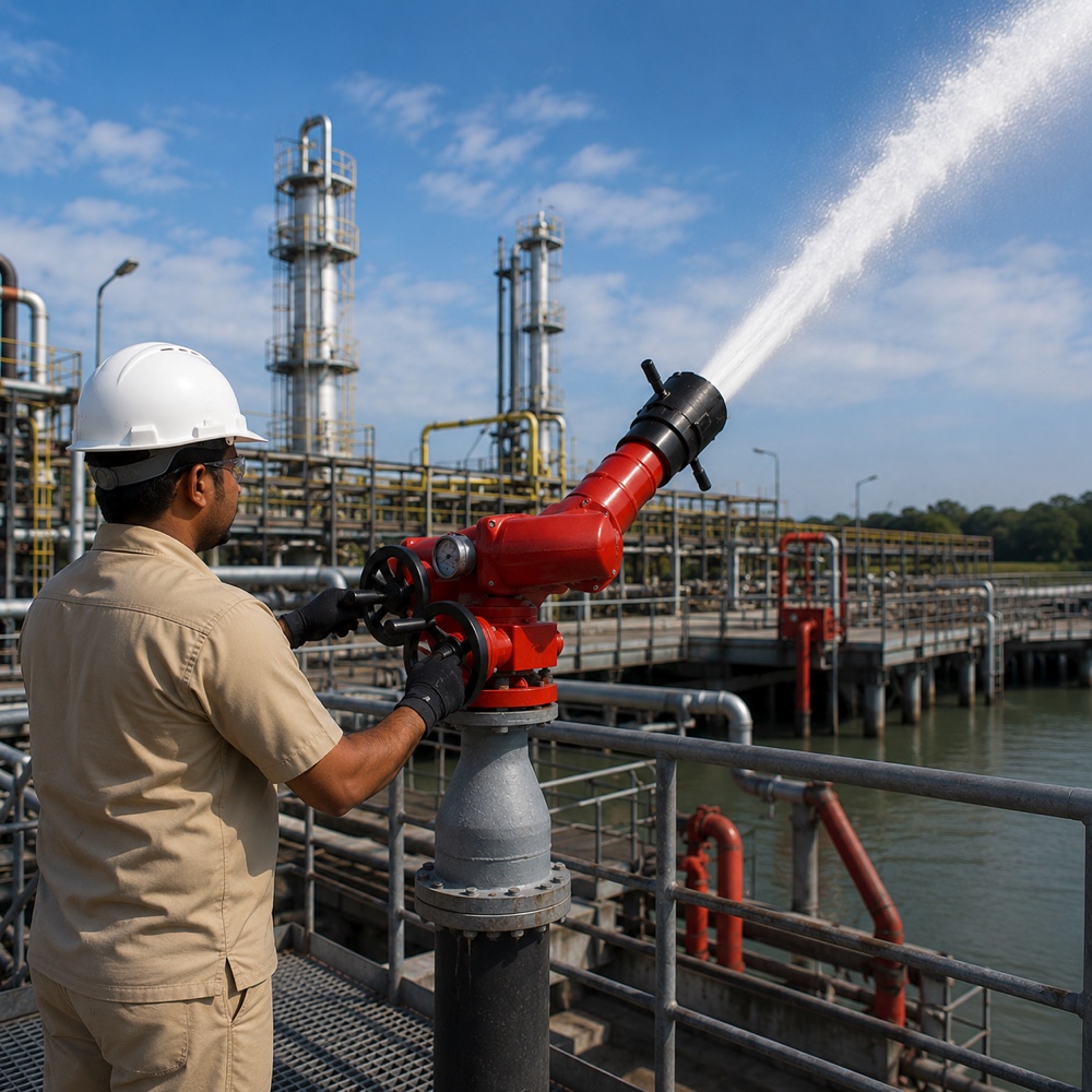 Fire safety technician testing a water monitor at an industrial facility