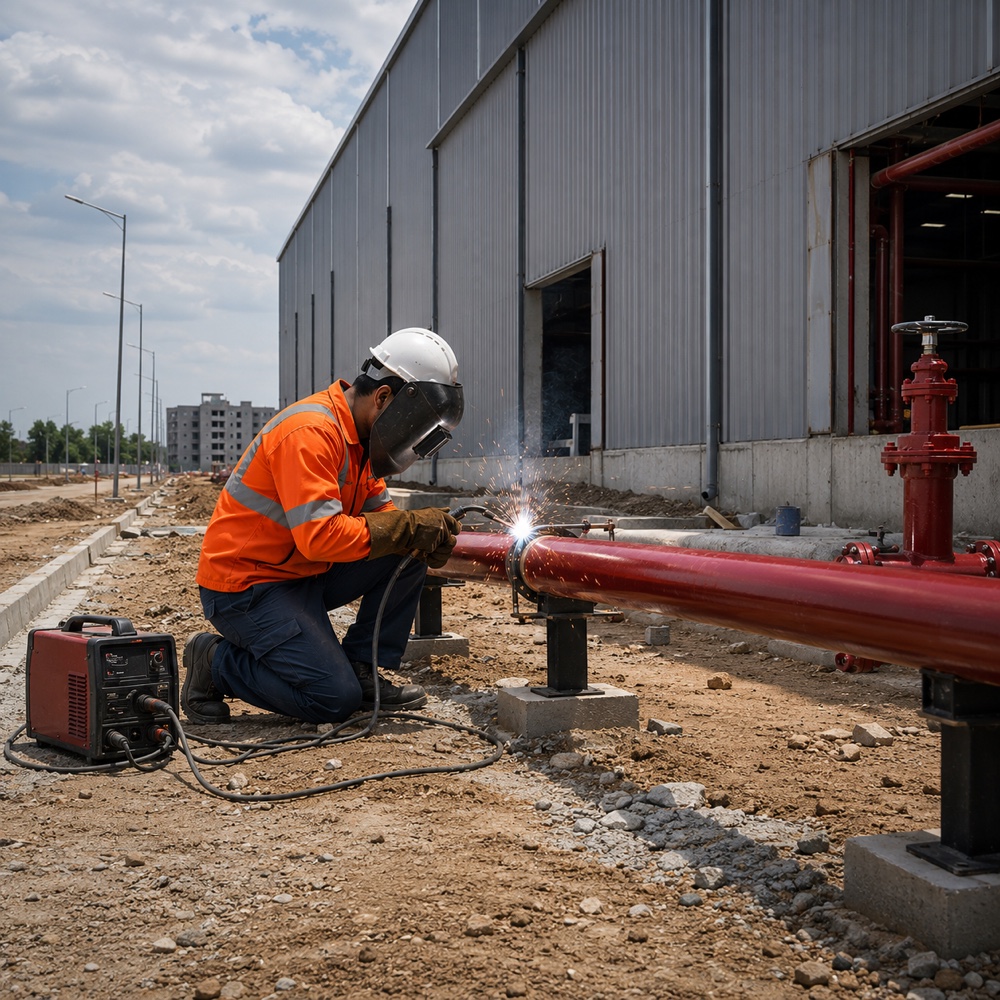 Technician welding fire protection piping at an industrial site