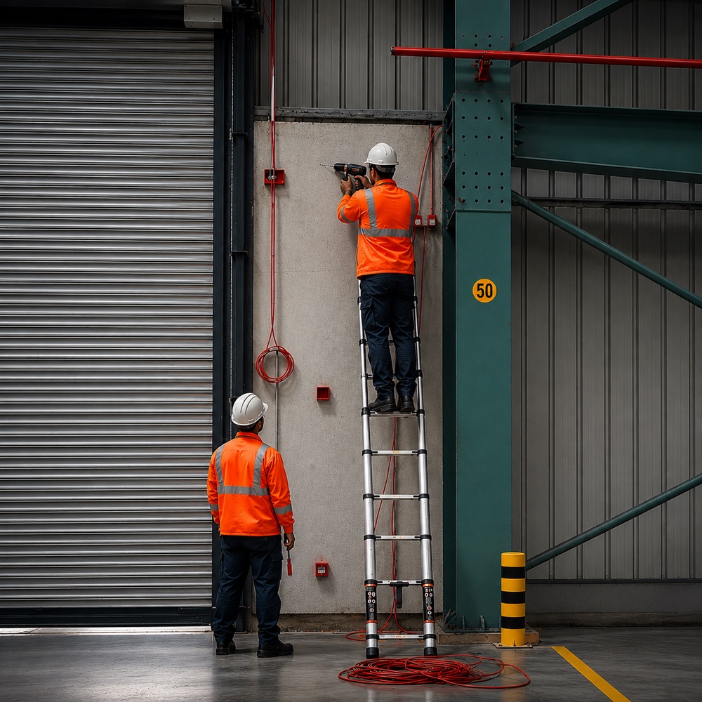Fire safety engineers installing an alarm system at an industrial facility