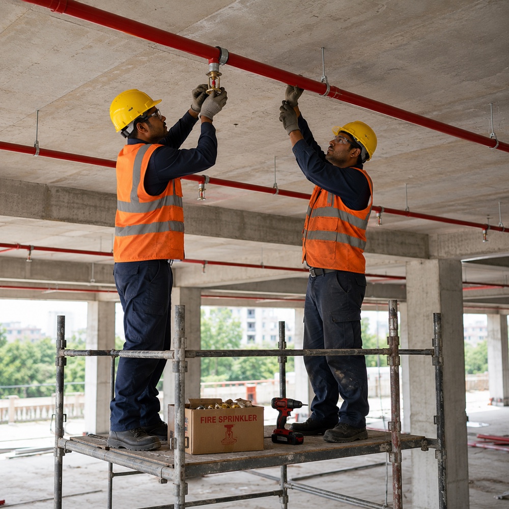 Fire safety technicians installing a sprinkler system