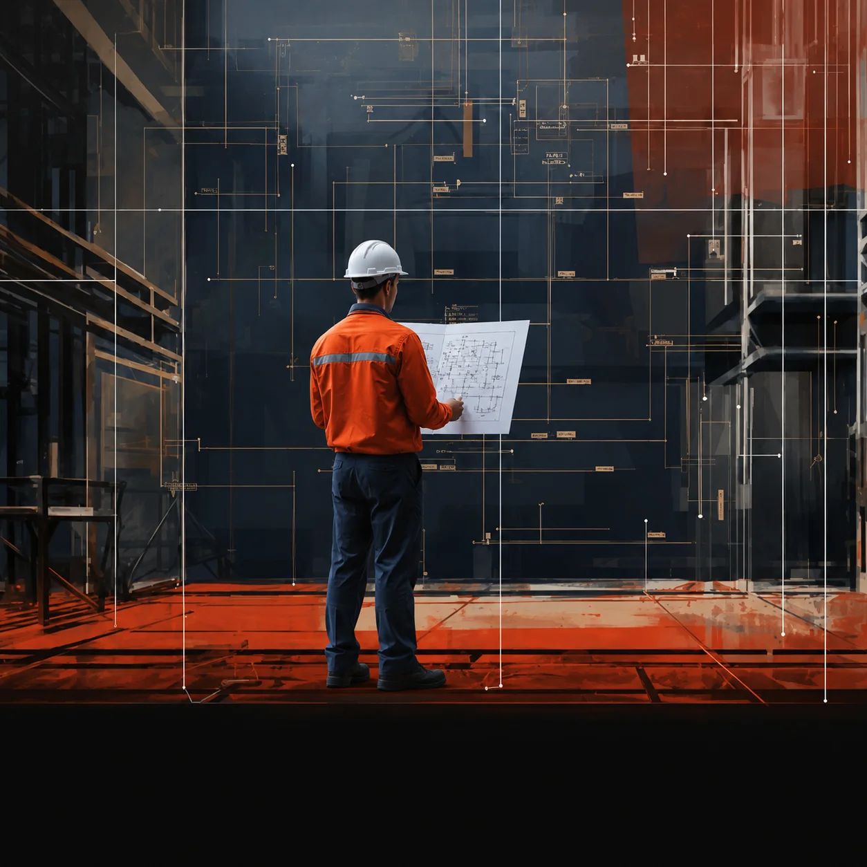 Firetech engineer studying a fire protection system schematic