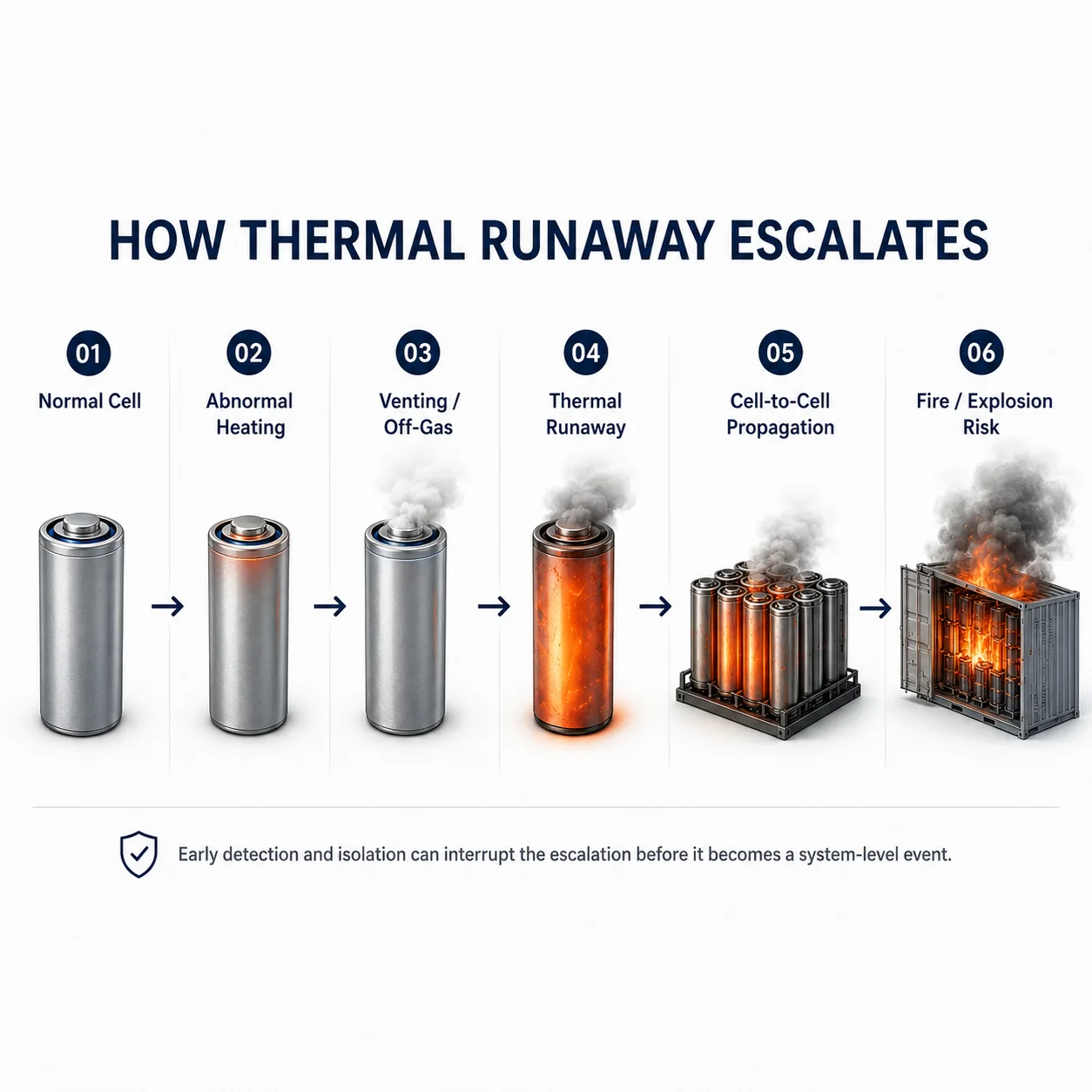 Six-stage diagram showing a normal battery cell progressing through heating, venting, thermal runaway, propagation and fire risk