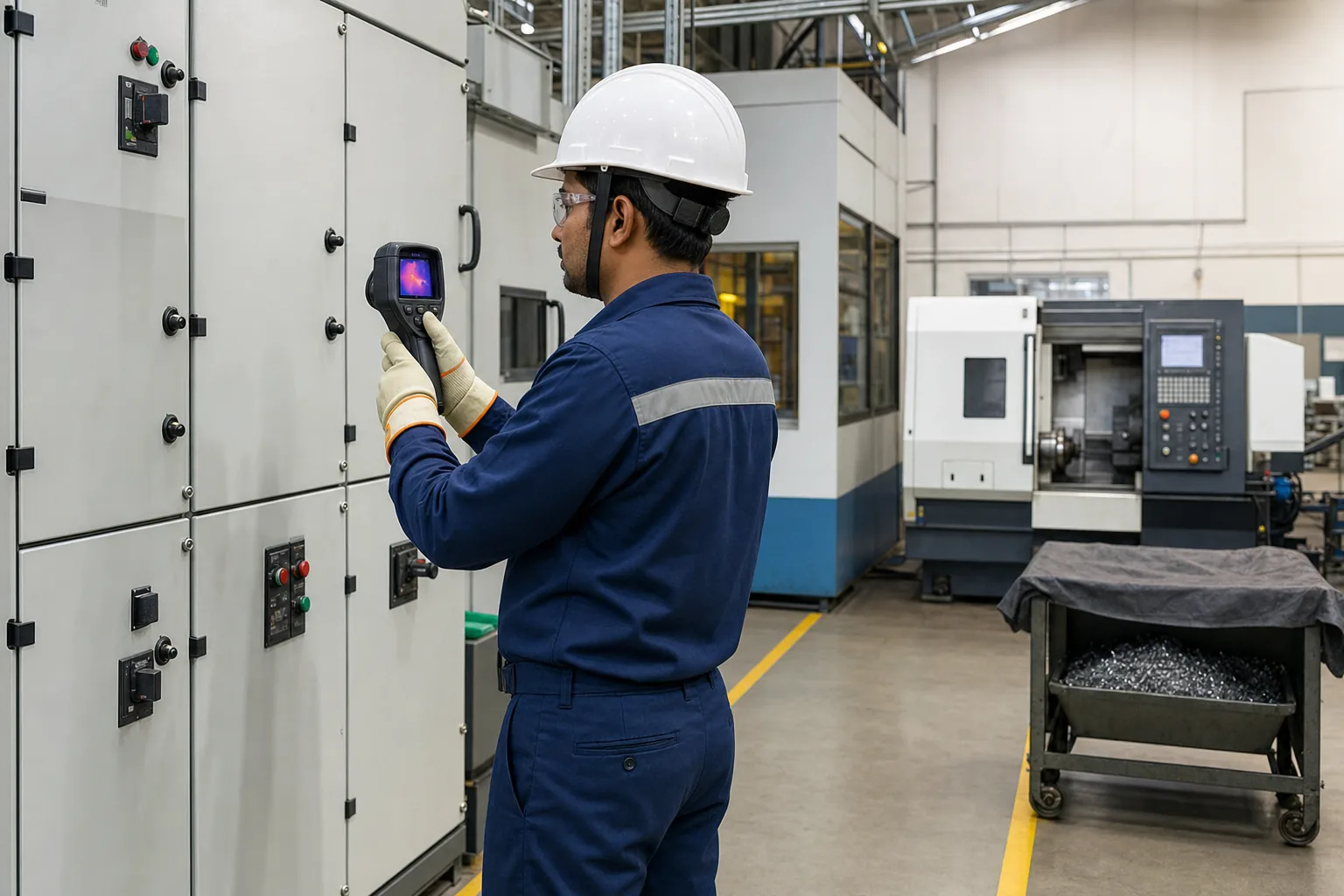 Fire safety engineer using a thermal camera to inspect an industrial electrical panel