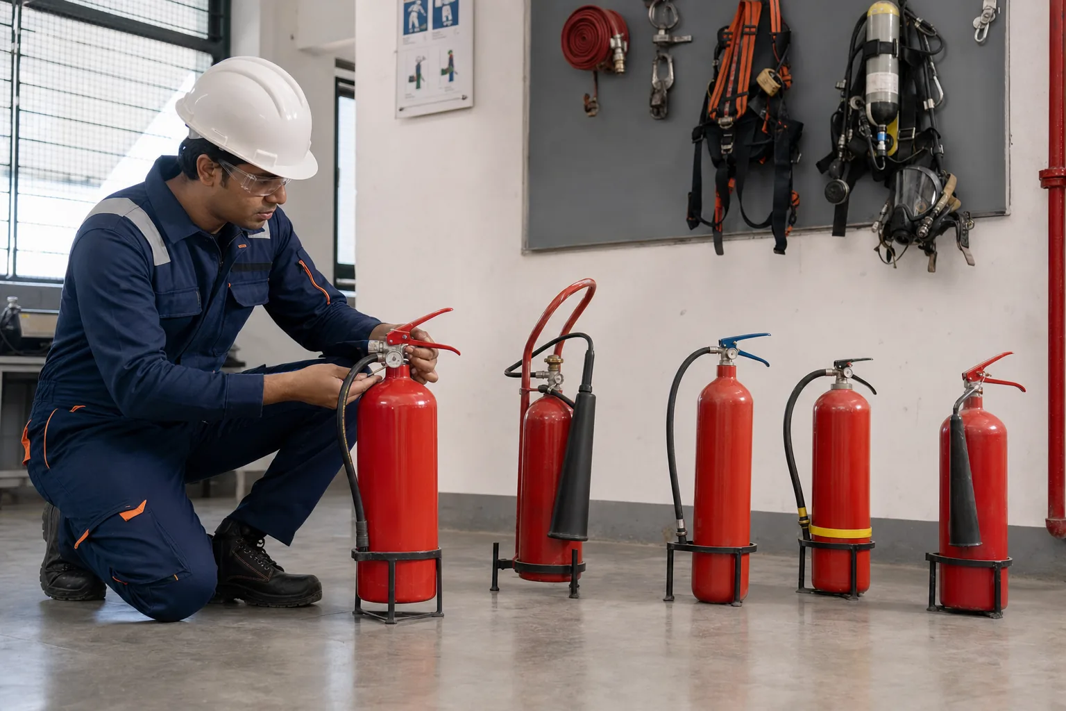 Fire safety engineer inspecting several types of portable fire extinguisher