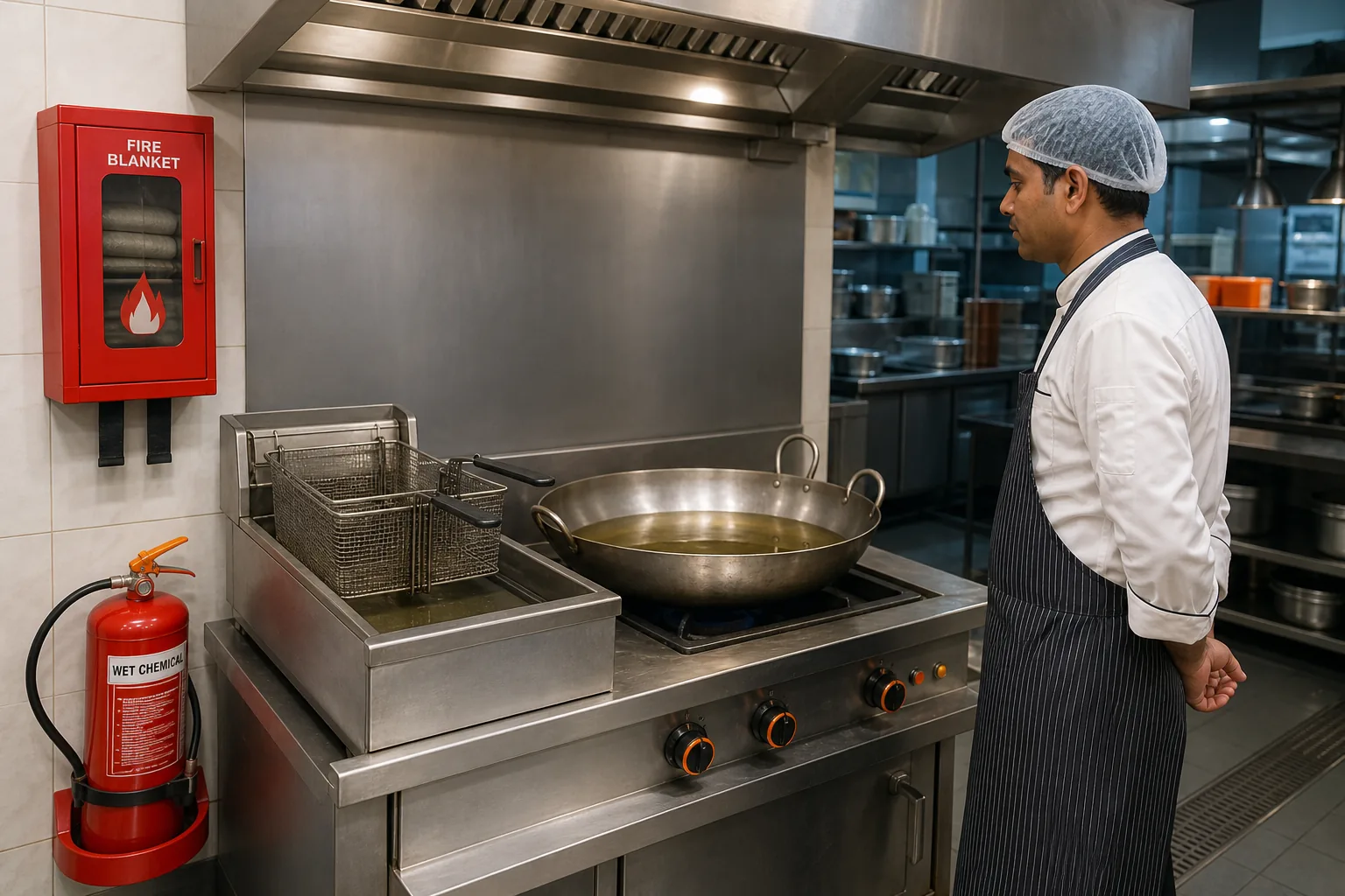 Wet chemical fire extinguisher and fire blanket installed beside a commercial kitchen fryer