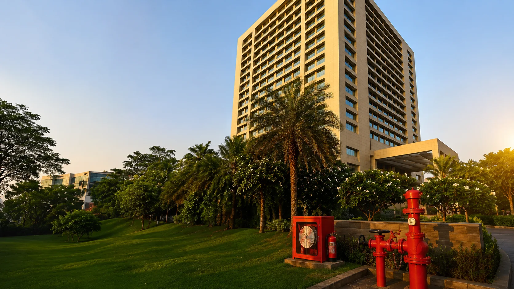 Hospitality property protected by coordinated fire safety systems