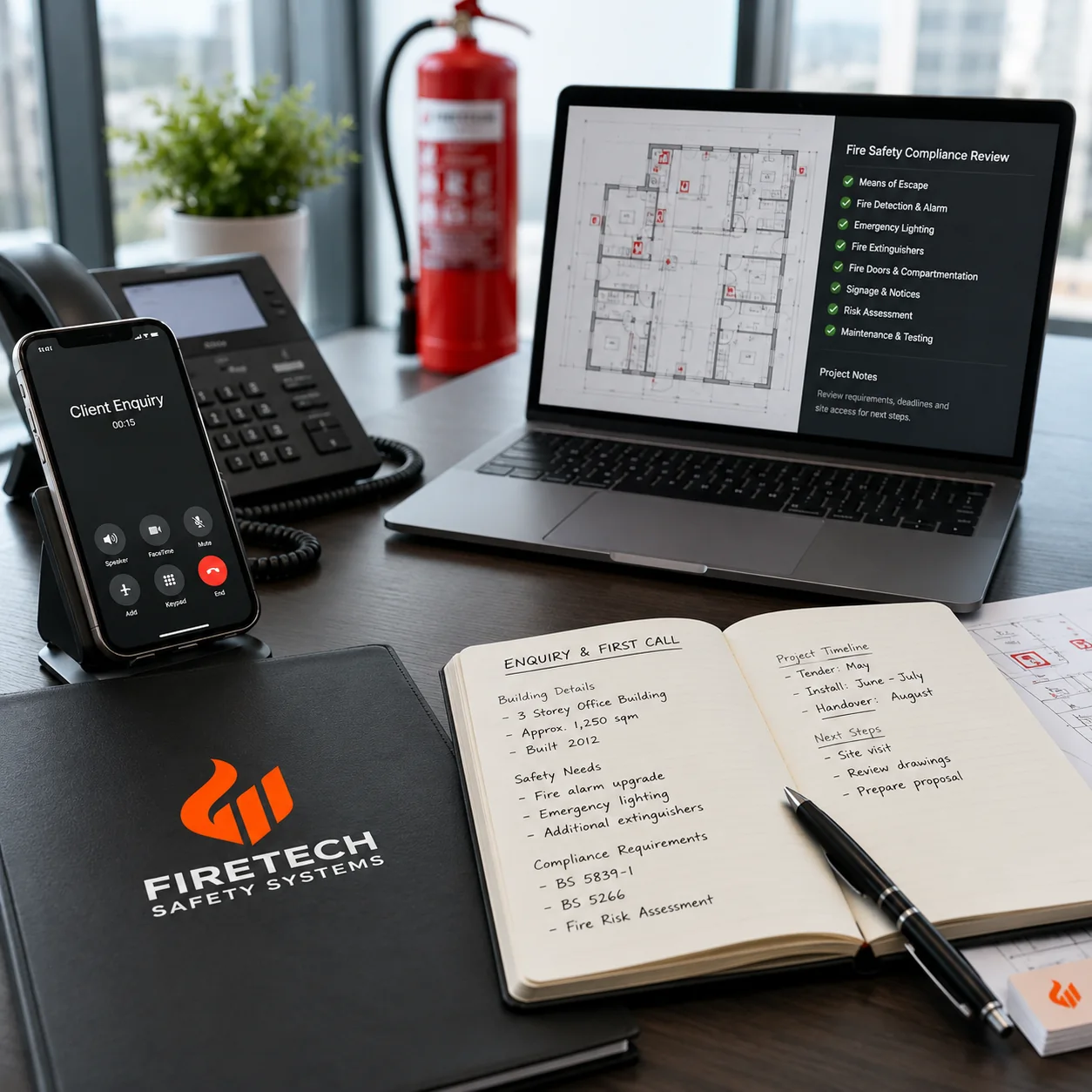 Client enquiry call with building details and fire-safety notes