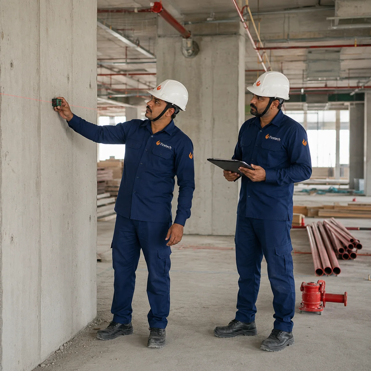 Firetech engineers surveying a building for fire hazards
