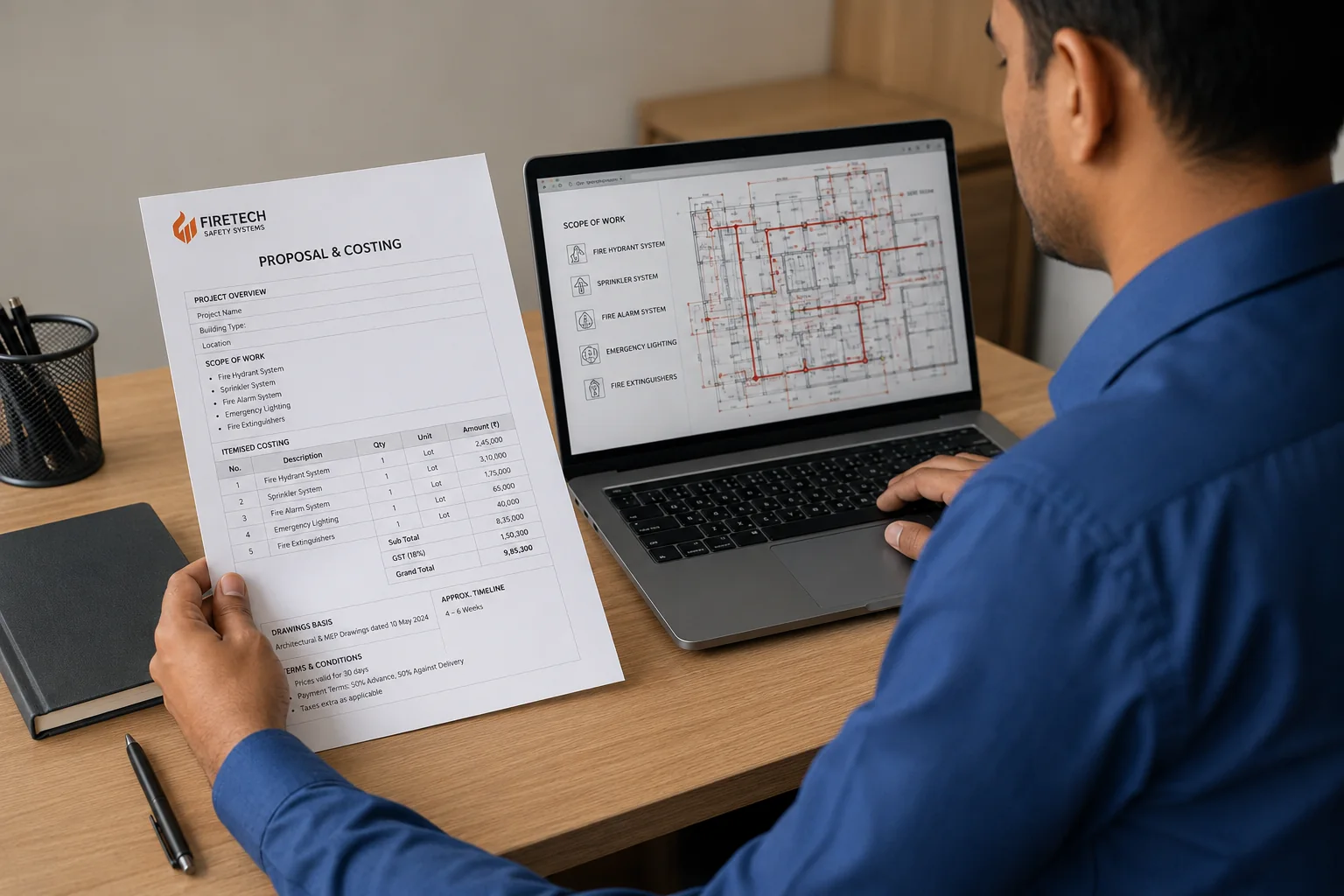 Firetech proposal and costing document with system layout drawings
