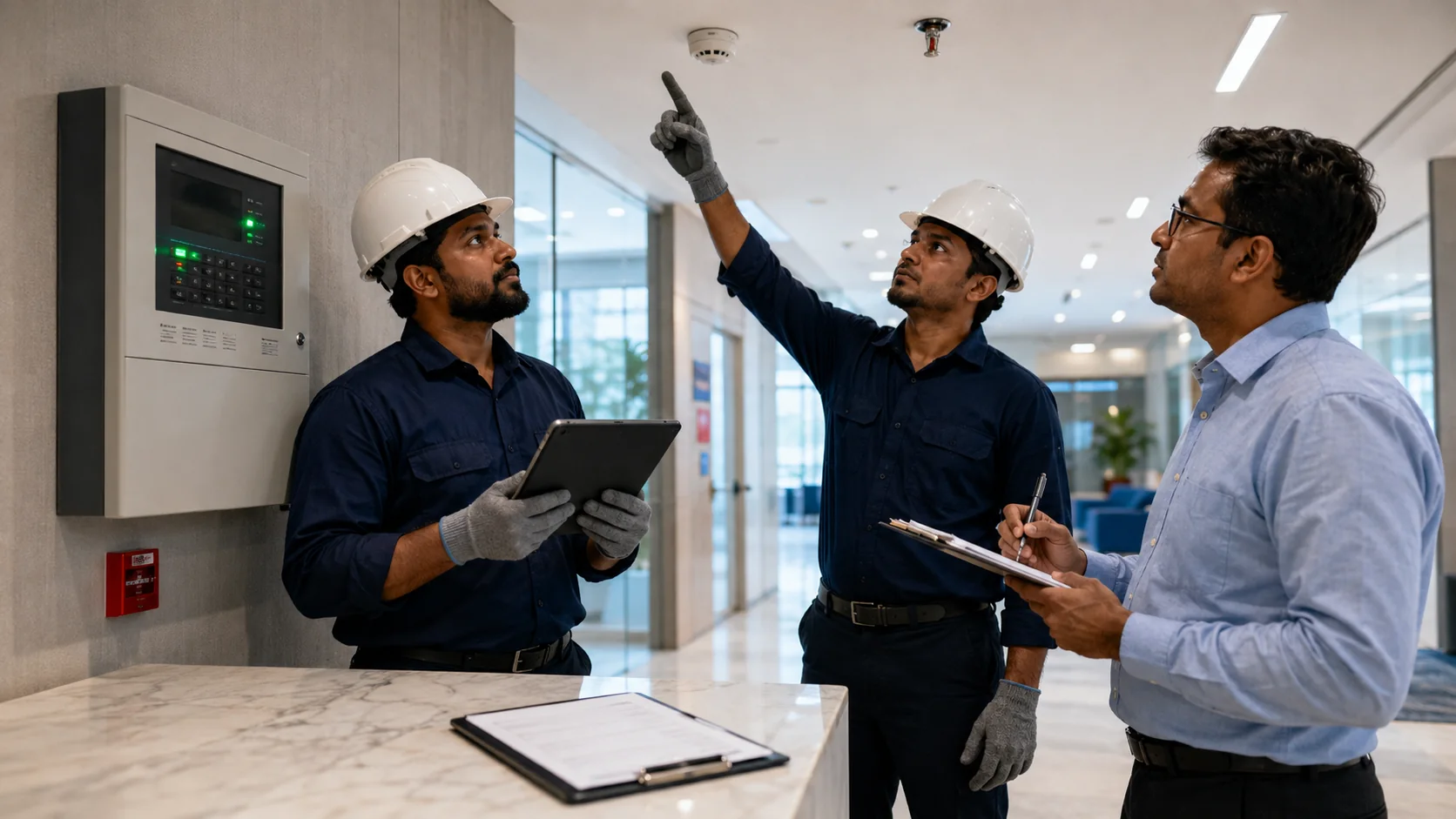Engineers inspecting an installed fire alarm panel during handover
