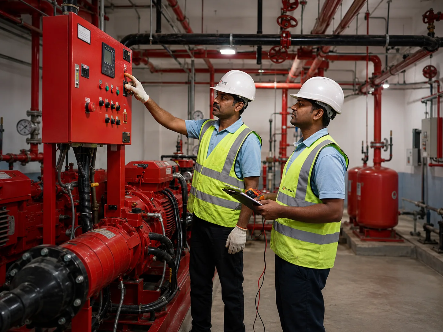 Firetech engineers testing the fire pump controller during an AMC visit