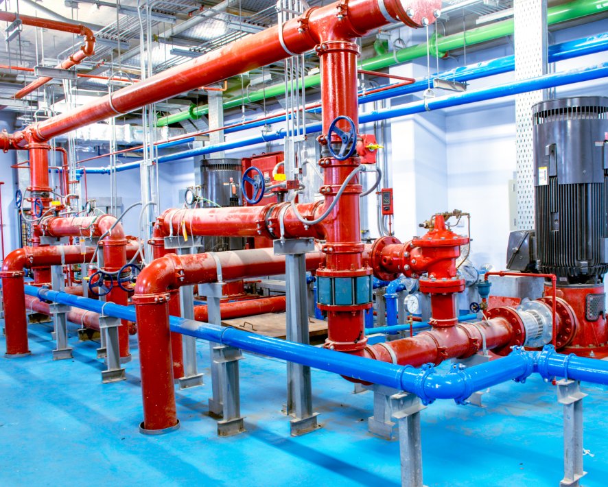 Installed fire pump room with coordinated piping and valves