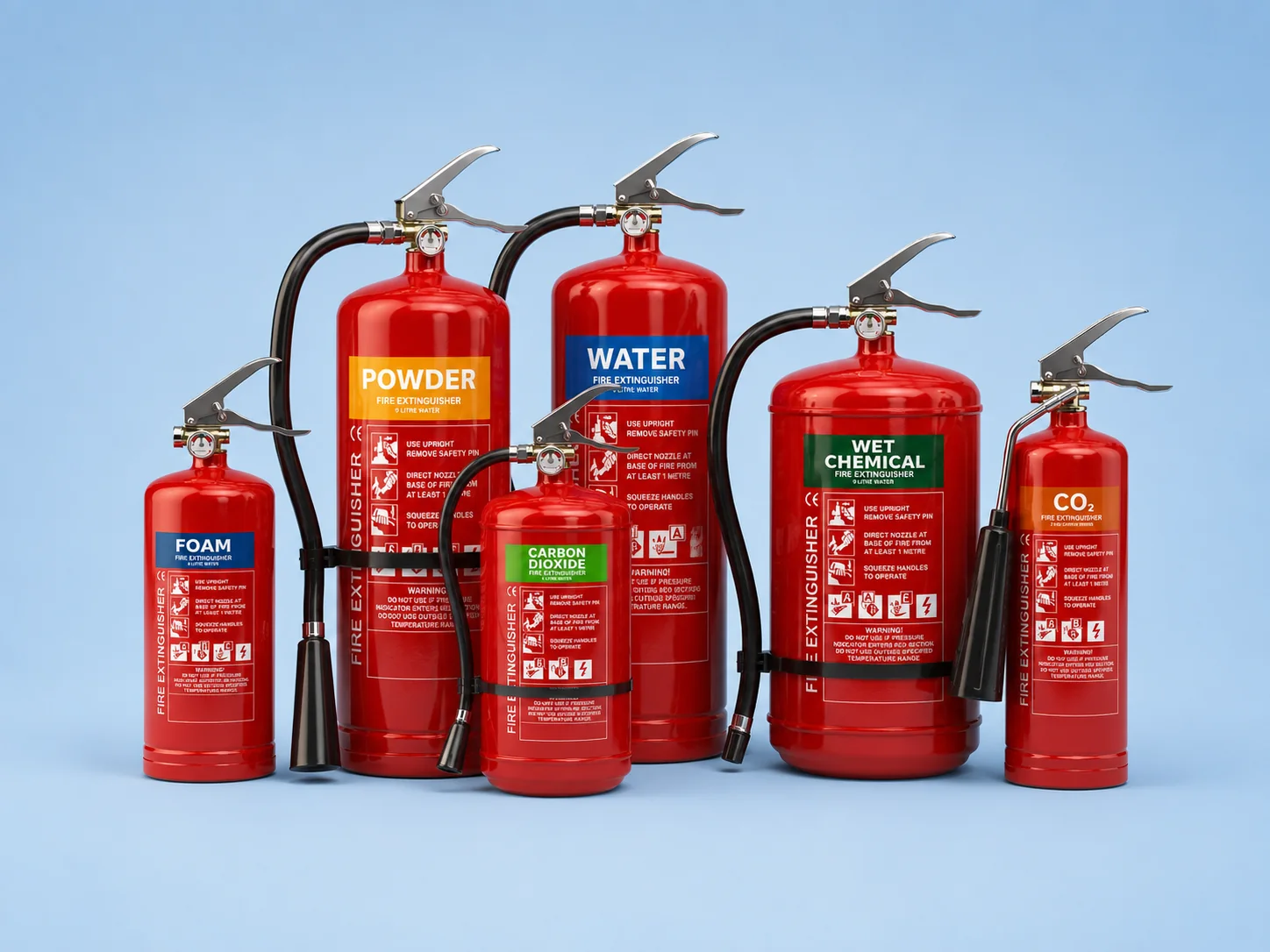 Row of serviced fire extinguishers